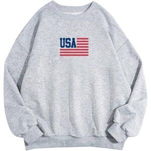 ⚡Women Gray Usa Imported Graphic Crewneck Casual Long Sleeve Pullover Sweatshirt